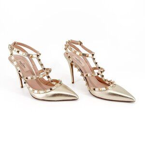 Valentino Garavani Rockstud Caged Pumps EU 39.5 US 9.5 Metallic Gold High Heels